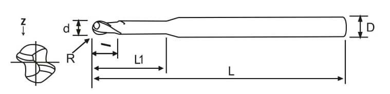 D0.5 x 0.25R x 0.75FL x 2EL x 50OAL x 4SHK x Z2 Rib Processing Ball Endmills With Corner Radius For Component HRC 55